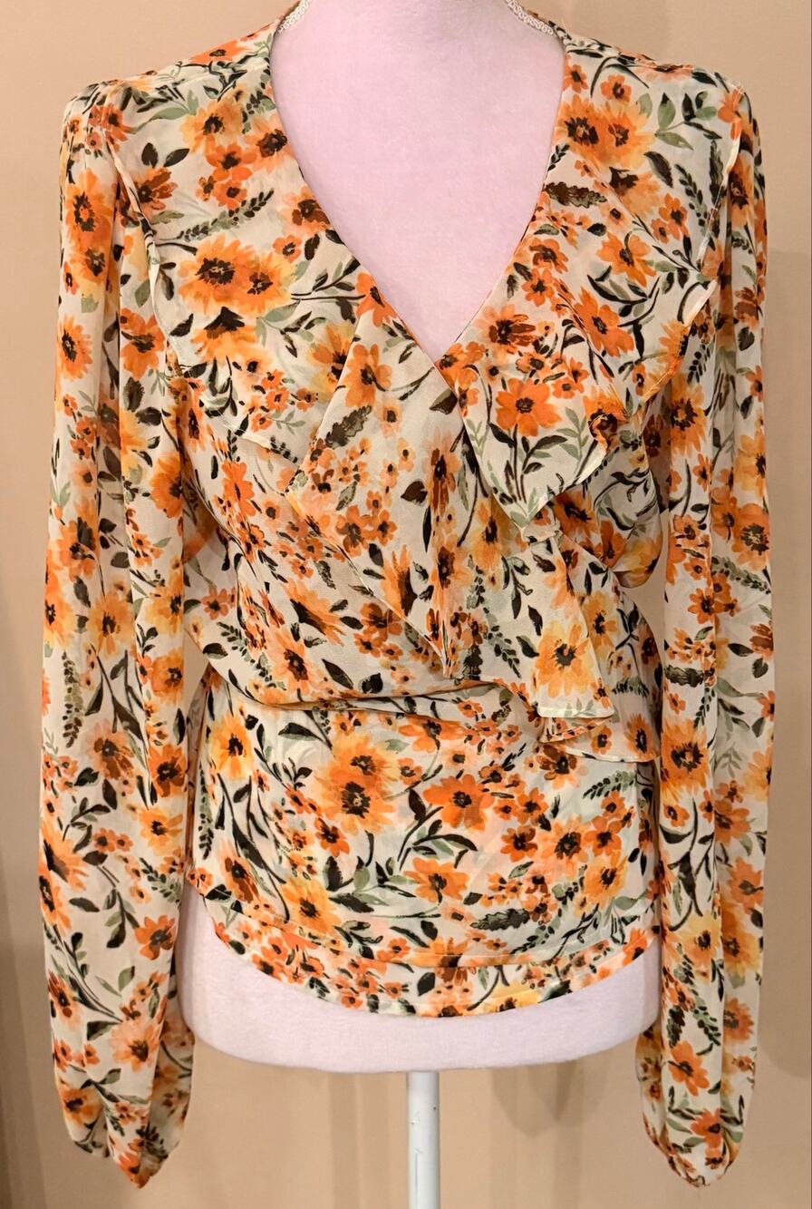 JustFab Floral Ruffle Wrap Blouse Size L Orange Yellow Sunflower Long Sleeve New